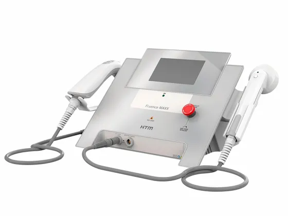 Fluence Maxx da HTM com as duas peças de mão conectadas (cluster de LED e caneta laser)