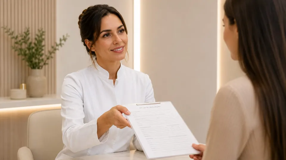 Profissional entregando a ficha de avaliação para a paciente preencher