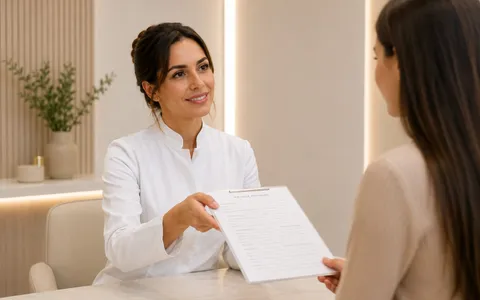 Profissional entregando a ficha de avaliação para a paciente preencher