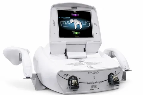 Aparelho Manthus da KLD Biosistemas, vista frontal com a tela exibindo a tela inicial do equipamento