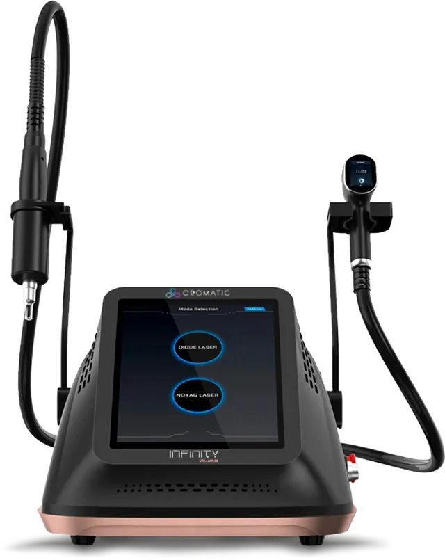 Infinity DUOS, vista frontal, com peças de mão de Laser de Diodo e Q-Switched e tela de seleção de modo