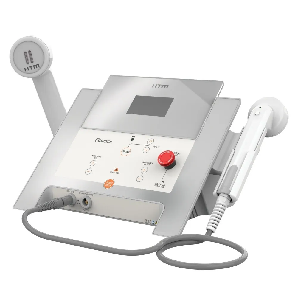 Fluence Maxx da HTM, com tela de controle e duas peças de mão — cluster de LED e caneta laser