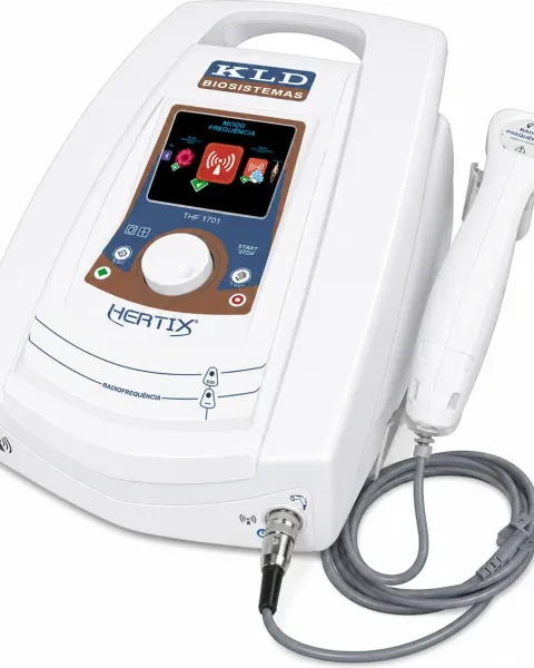 Aparelho Hertix da KLD Biosistemas, com tela colorida e peça de mão de radiofrequência