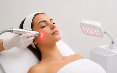 Aplicação de fotobiomodulação com LED vermelho no rosto de uma paciente