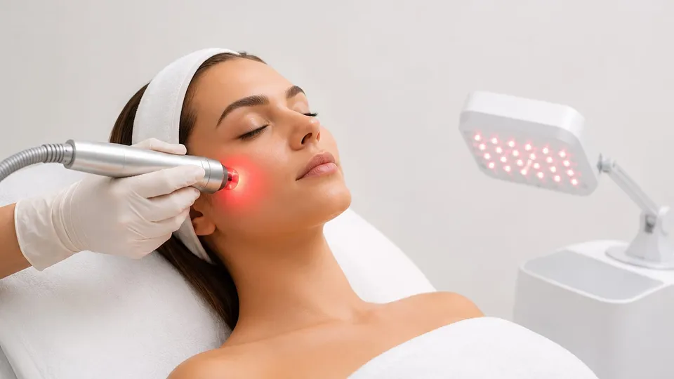 Aplicação de fotobiomodulação com LED vermelho no rosto de uma paciente