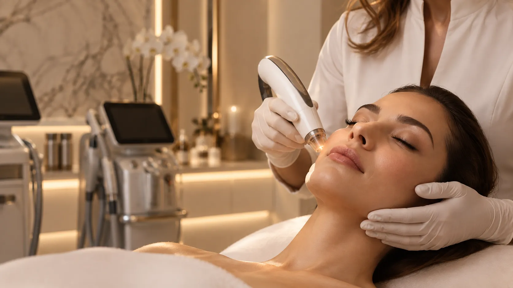Profissional aplicando tratamento estético facial em paciente, em clínica de alto padrão