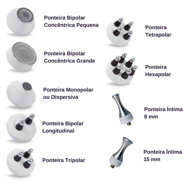 As ponteiras intercambiáveis do Hertix Smart: Bipolar Concêntrica, Monopolar, Bipolar Longitudinal, Tripolar, Tetrapolar, Hexapolar e Ponteiras Íntimas de 15mm e 8mm
