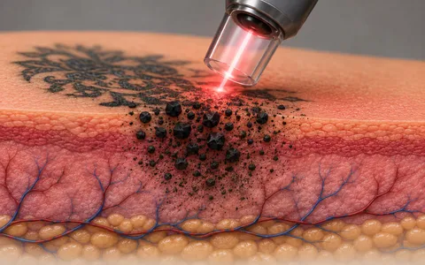 Ilustração do laser fragmentando o pigmento de uma tatuagem nas camadas da pele