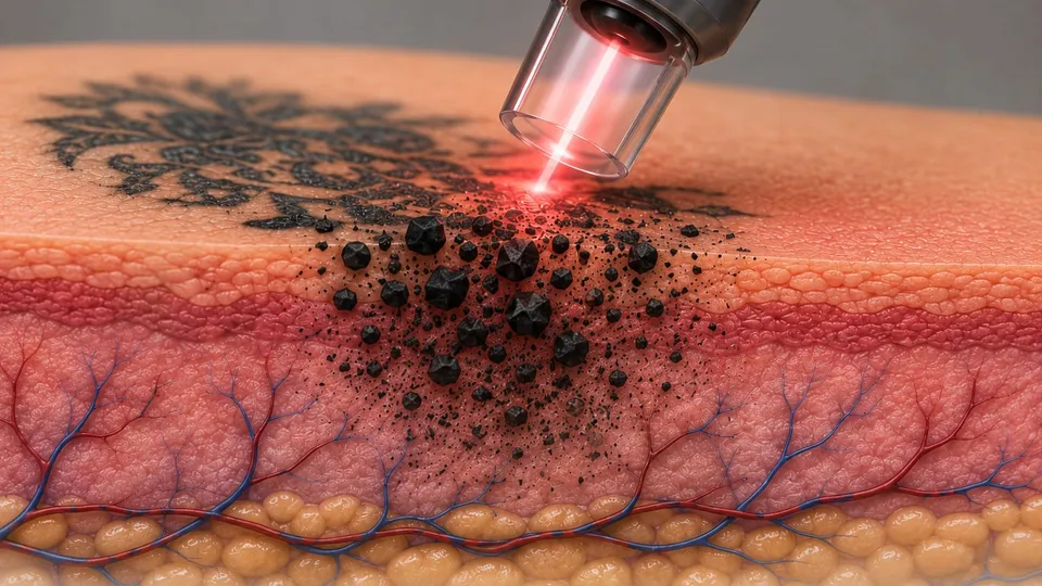 Ilustração do laser fragmentando o pigmento de uma tatuagem nas camadas da pele